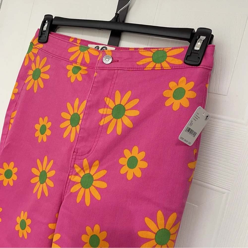 Free People Pink Floral Flare Jeans with Yellow Sunburst Print - Picture 5 of 13